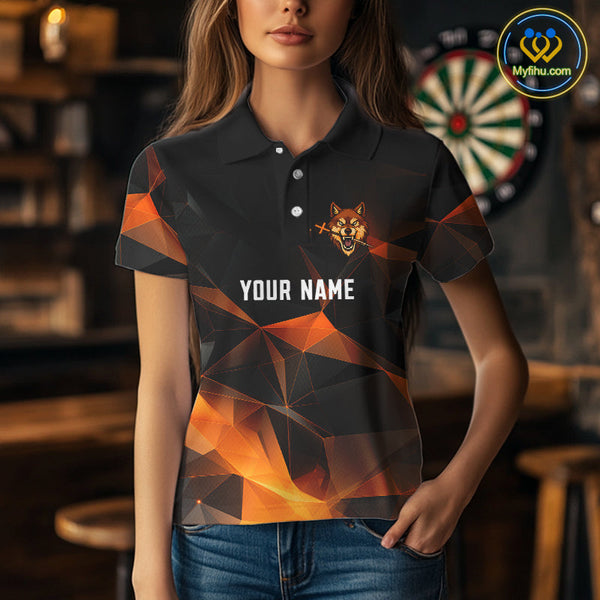 Custom Black And Orange Polygon Pattern Wolf Dart Team Women Polo Shirt, Dart League Shirt NYN0099