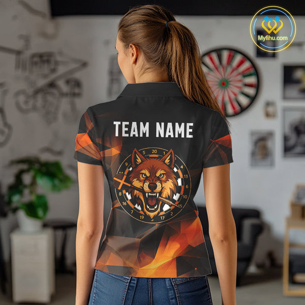 Custom Black And Orange Polygon Pattern Wolf Dart Team Women Polo Shirt, Dart League Shirt NYN0099