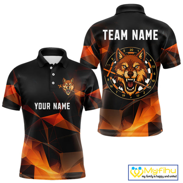 Custom Black And Orange Polygon Pattern Wolf Dart Team Men Polo Shirts, Dart League Shirt NYN0099