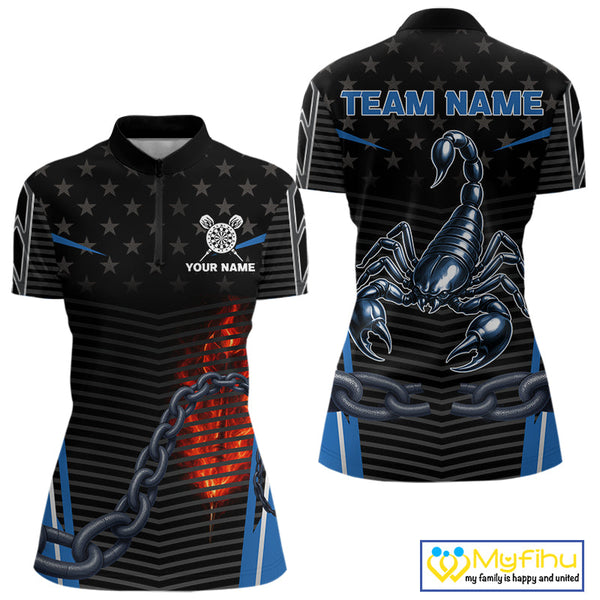 Custom US Flag Scorpion Dart Team Women Quarter-Zip Shirts, Patriotic Dart Team Jerseys NYN0455