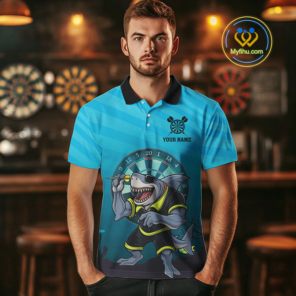 Custom Aqua Blue Shark Dartboard Dart Team Polo Shirts For Men, Dart Jerseys NYN0706