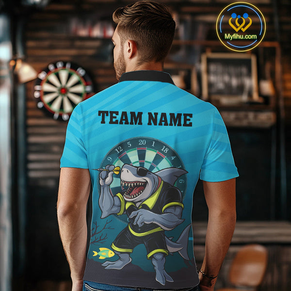 Custom Aqua Blue Shark Dartboard Dart Team Polo Shirts For Men, Dart Jerseys NYN0706