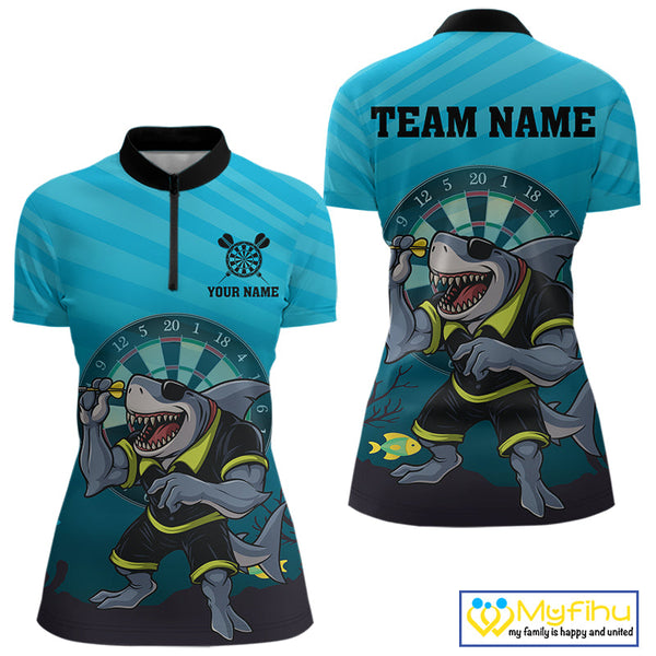 Custom Aqua Blue Shark Dartboard Dart Team Quarter-Zip Shirts For Women, Dart Jerseys NYN0706
