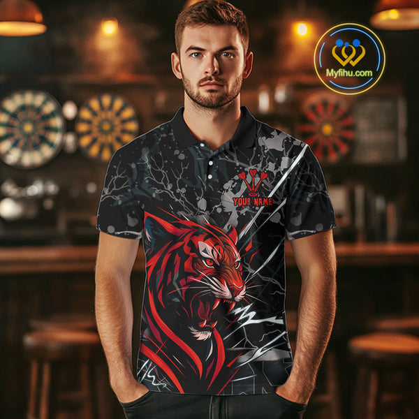 Custom Black And Red Tiger Dart Polo Shirts For Men, Tiger Dart League Shirt NYN0711