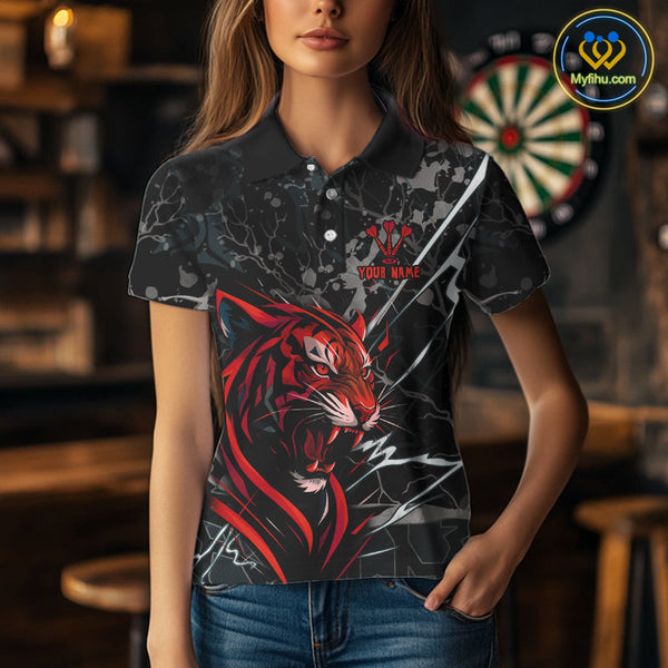 Custom Black And Red Tiger Dart Polo Shirts For Women, Tiger Dart League Shirt NYN0711