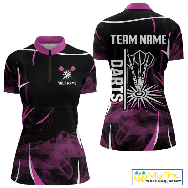 Custom Black And Purple Smoke Dart Team Women Quarter-Zip Shirts, Dart League Shirt NYN0104