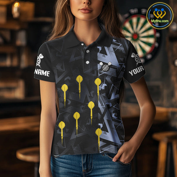 Custom Blue And Yellow Darts Pattern Dart Team Polo Shirts For Women, Dart Jerseys NYN0107