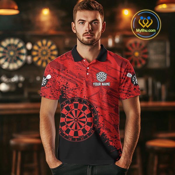 Custom Black And Red Grunge Dartboard Dart Tournament Polo Shirts For Men, Dart Team Shirt NYN0108