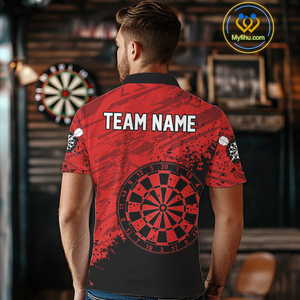 Custom Black And Red Grunge Dartboard Dart Tournament Polo Shirts For Men, Dart Team Shirt NYN0108