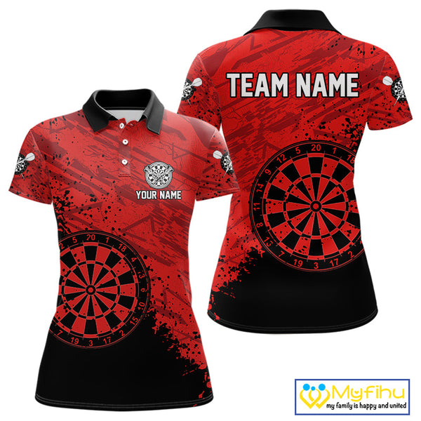 Custom Black And Red Grunge Dartboard Dart Tournament Women Polo Shirts, Dart Team Shirt NYN0108