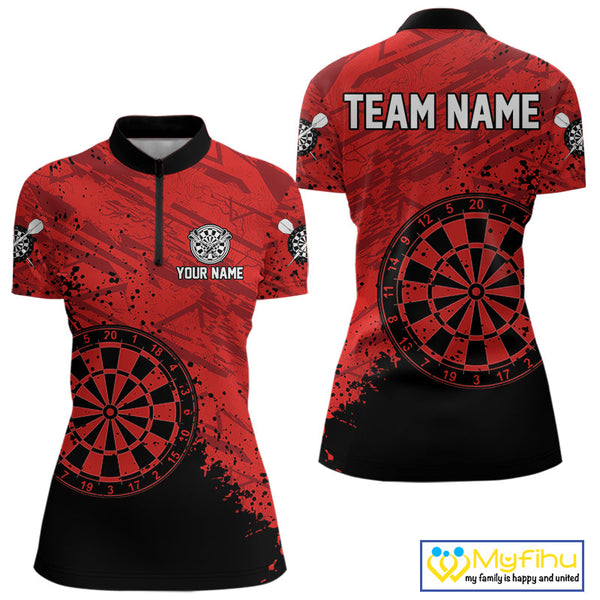 Custom Black And Red Grunge Dartboard Dart Women Quarter-Zip Shirt, Dart Team Shirt NYN0108