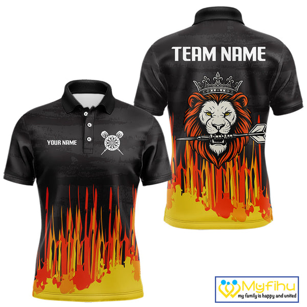 Custom Black, Orange And Yellow Lion Darts King Dart Polo Shirts For Men, Dart Team Shirt NYN0109
