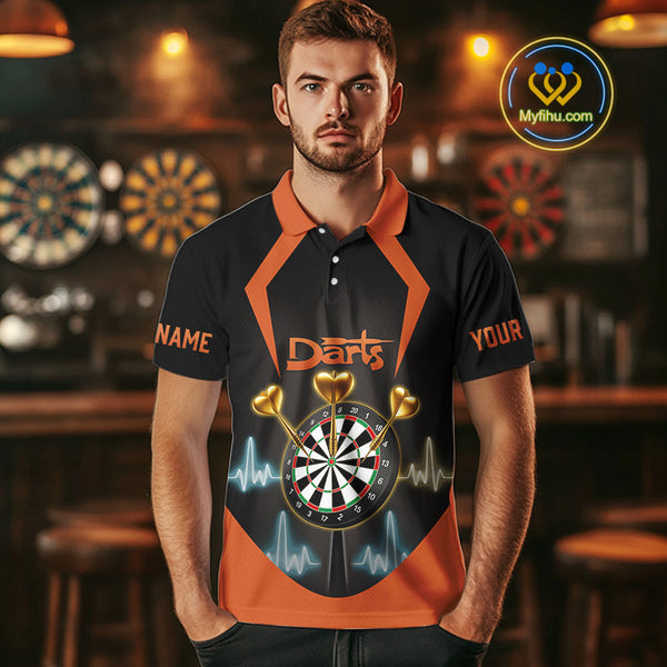 Custom Orange Flame Dart Polo Shirts For Men, Golden Hearts Darts Jerseys NYN0724