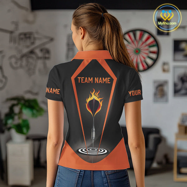 Custom Orange Flame Dart Polo Shirts For Women, Golden Hearts Darts Jerseys NYN0724