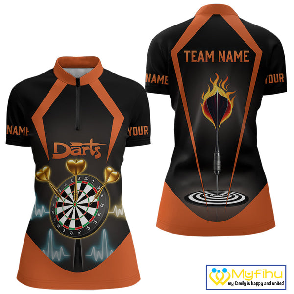 Custom Orange Flame Dart Quarter-Zip Shirts For Women, Golden Hearts Darts Jerseys NYN0724