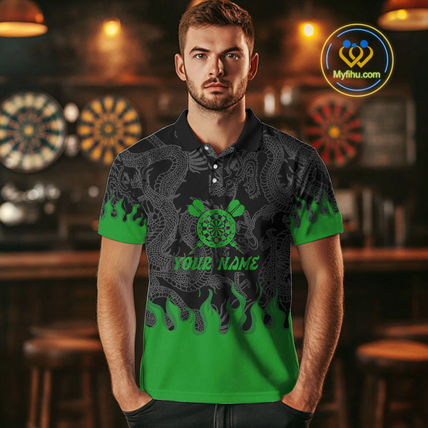 Custom Black And Green Fire Flame Dartboard Dragon Dart Team Men Polo Shirts, Dart Jersey NYN0235