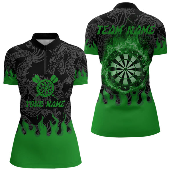 Custom Black And Green Flame Dartboard Dragon Dart Women Quarter-Zip Shirts, Dart Jersey NYN0235