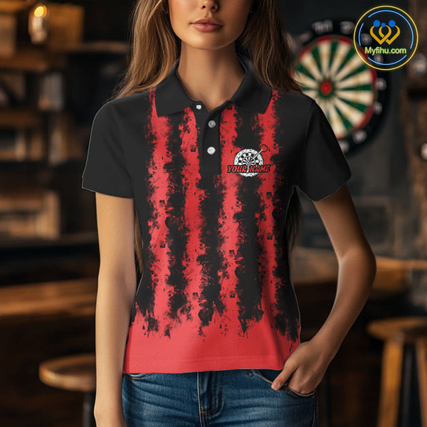 Custom Black And Red Fire Flame Dartboard Dart Polo Shirts For Women, Team Uniform NYN0236
