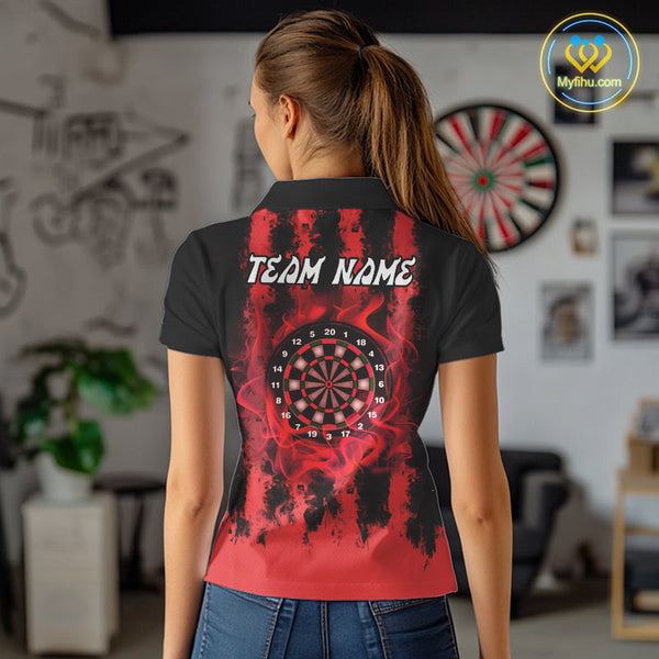 Custom Black And Red Fire Flame Dartboard Dart Polo Shirts For Women, Team Uniform NYN0236