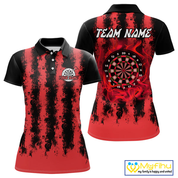 Custom Black And Red Fire Flame Dartboard Dart Polo Shirts For Women, Team Uniform NYN0236