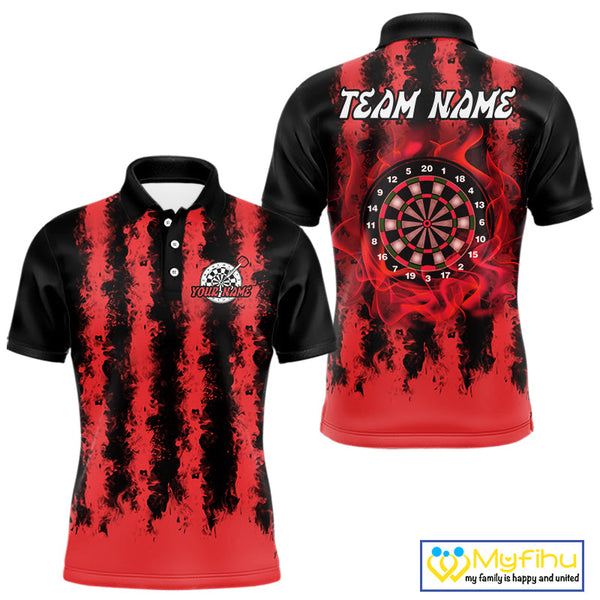 Custom Black And Red Fire Flame Dartboard Dart Polo Shirts For Men, Team Uniform NYN0236