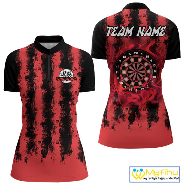 Custom Black And Red Fire Flame Dartboard Dart Quarter-Zip Shirts For Women, Team Uniform NYN0236