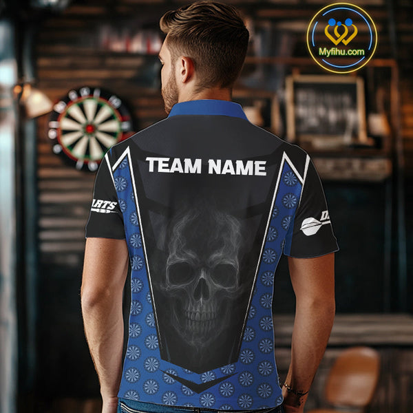 Custom Black And Blue Dartboard Pattern Smoke Skull Dart Team Polo Shirt For Men NYN0484