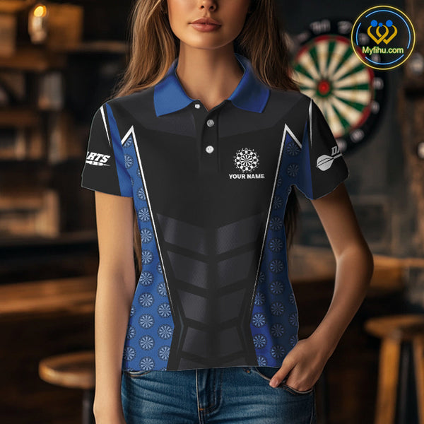 Custom Black And Blue Dartboard Pattern Smoke Skull Dart Team Polo Shirt For Women NYN0484