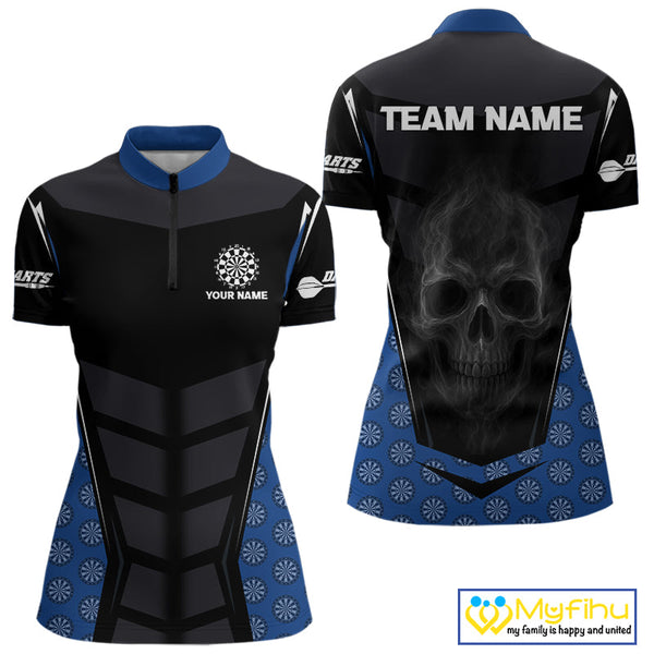 Custom Black And Blue Dartboard Pattern Smoke Skull Dart Team Quarter-Zip Shirt For Women NYN0484