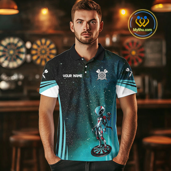 Custom Black And Blue Galaxy Alien Dart Team Polo Shirts For Men, Dart Jerseys NYN0239