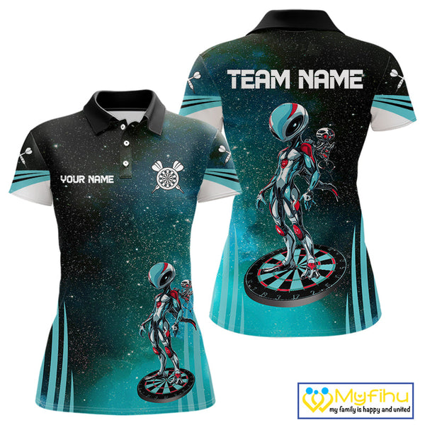 Custom Black And Blue Galaxy Alien Dart Team Polo Shirts For Women, Dart Jerseys NYN0239