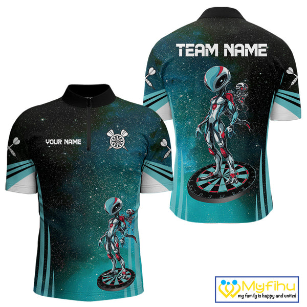 Custom Black And Blue Galaxy Alien Dart Team Quarter-Zip Shirts For Men, Dart Jerseys NYN0239