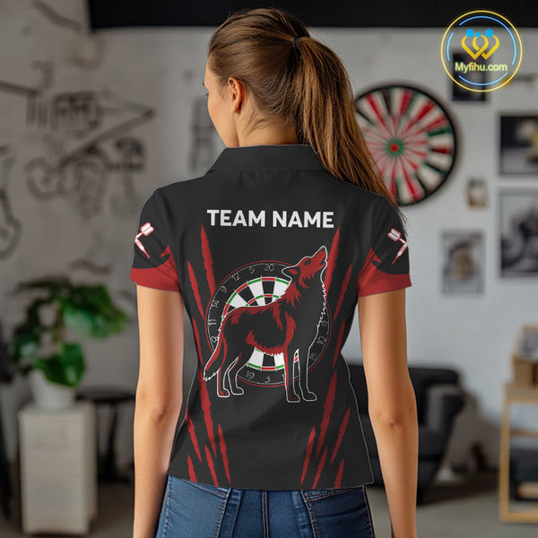 Custom Black And Red Wolf Darts Polo Shirts For Women, Dart Tournament Team Shirt NYN0241