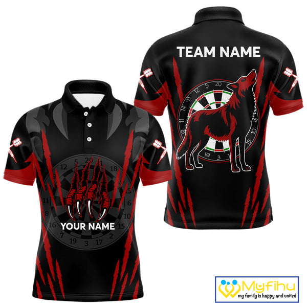 Custom Black And Red Wolf Darts Polo Shirts For Men, Dart Tournament Team Shirt NYN0241