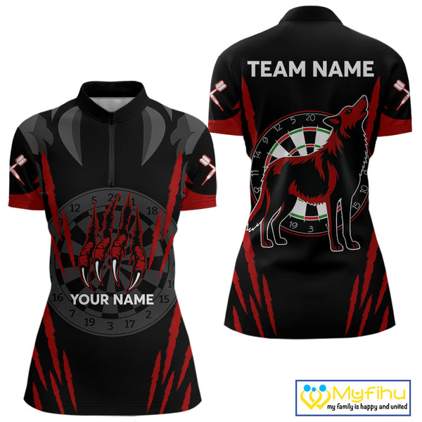Custom Black And Red Wolf Darts Quarter-Zip Shirts For Women, Dart Tournament Team Shirt NYN0241