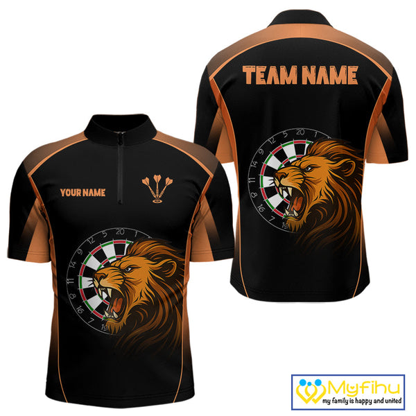 Custom Black And Orange Lion Darts Quarter-Zip Shirts For Men, Dart Team Jerseys NYN0242