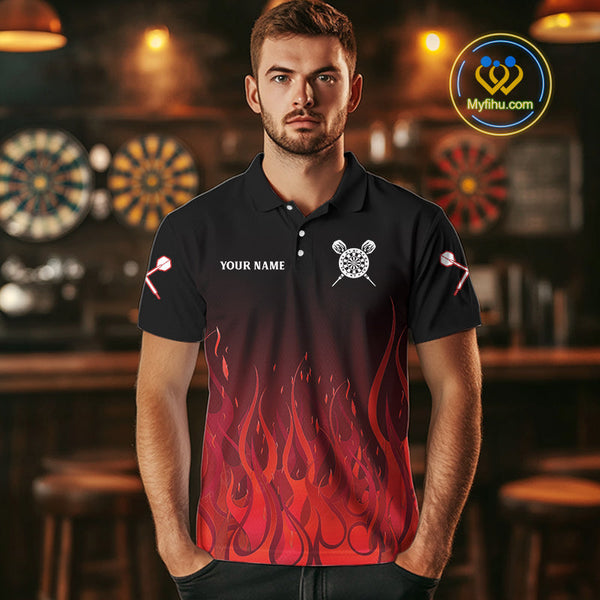 Custom Black And Red Flame Dart Jerseys, Dart Tournament Polo Shirts For Men NYN0244