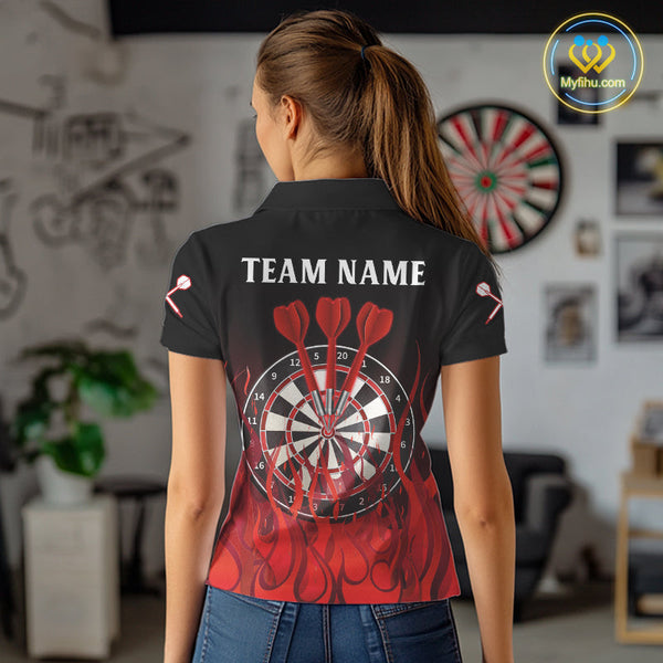Custom Black And Red Flame Dart Jerseys, Dart Tournament Polo Shirts For Women NYN0244