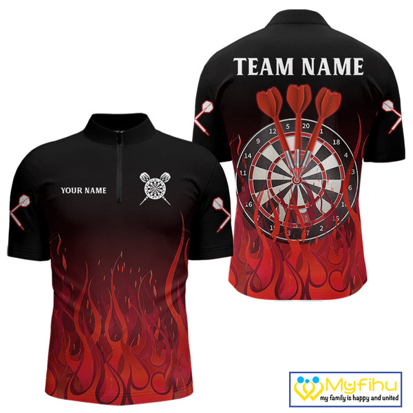 Custom Black And Red Flame Dart Jerseys, Dart Tournament Quarter-Zip Shirts For Men NYN0244