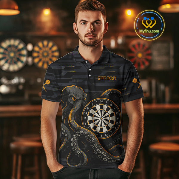 Custom Black And Yellow Octopus Dart Team Polo Shirt For Men, Dart Jerseys NYN0490