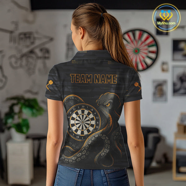 Custom Black And Yellow Octopus Dart Team Polo Shirt For Women, Dart Jerseys NYN0490