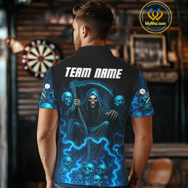 Custom Blue Lightning Grim Reaper Skull Dart Men Polo Shirt, Halloween Dart Outfit NYN0507