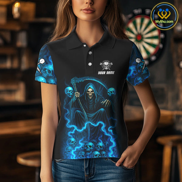 Custom Blue Lightning Grim Reaper Skull Dart Women Polo Shirt, Halloween Dart Outfit NYN0507