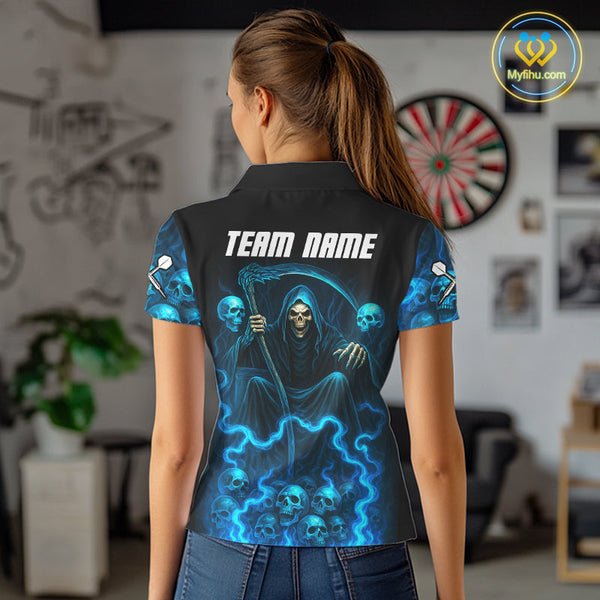 Custom Blue Lightning Grim Reaper Skull Dart Women Polo Shirt, Halloween Dart Outfit NYN0507