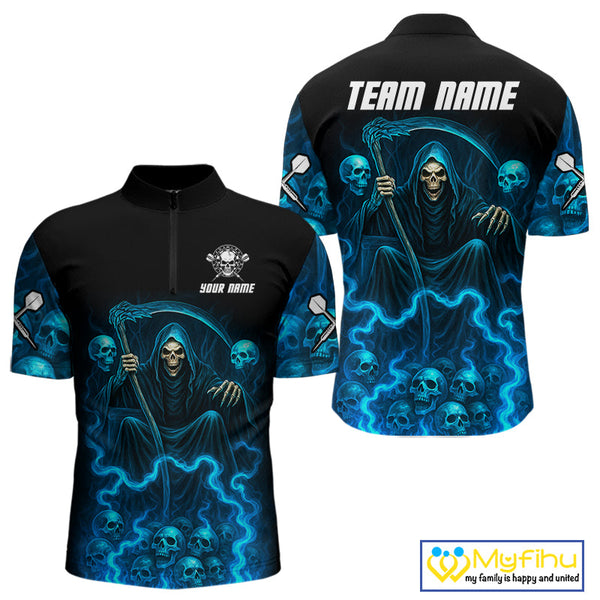 Custom Blue Lightning Grim Reaper Skull Dart Men Quarter-Zip Shirt, Halloween Dart Outfit NYN0507