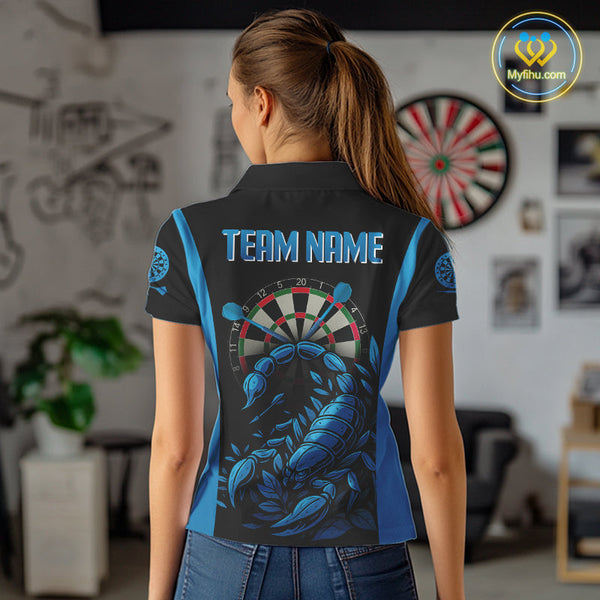 Custom Black And Blue Scorpion Dart Team Polo Shirts For Women, Dart League Shirt NYN0274