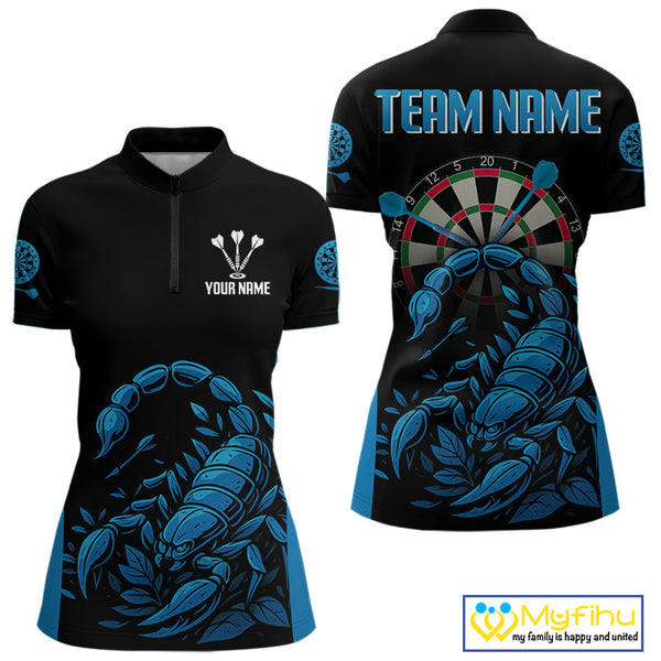 Custom Black And Blue Scorpion Dart Team Quarter-Zip Shirts For Women, Dart League Shirt NYN0274