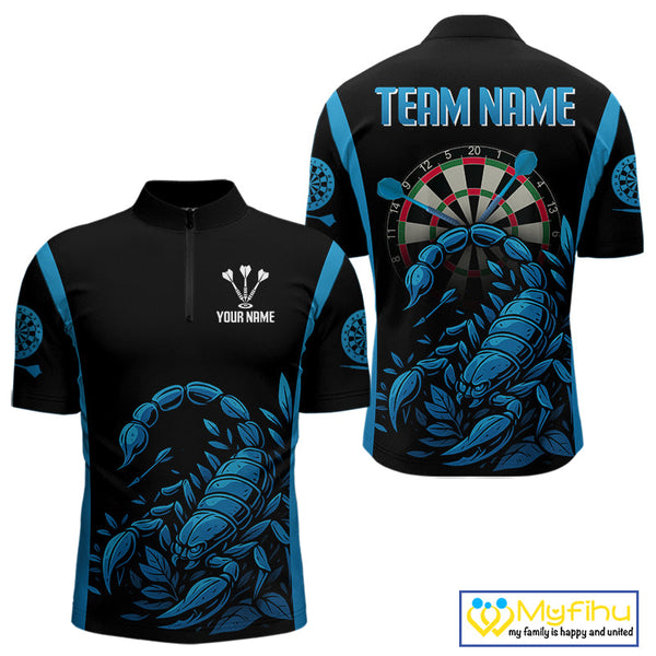 Custom Black And Blue Scorpion Dart Team Quarter-Zip Shirts For Men, Dart League Shirt NYN0274