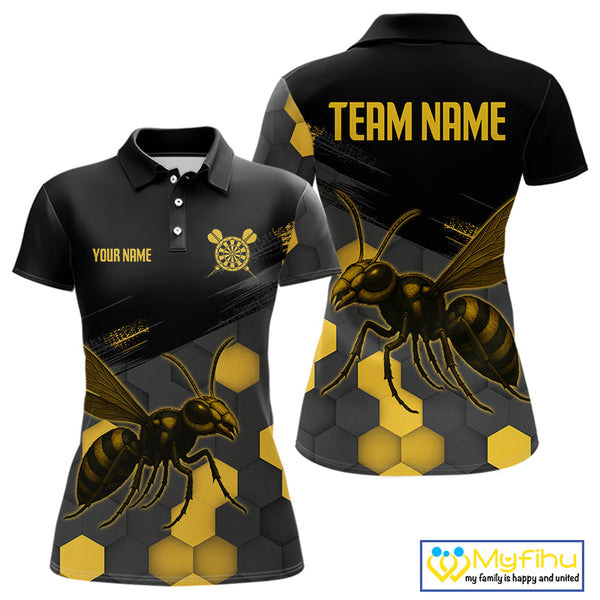 Custom Black And Yellow Bee Dart Team Women Polo Shirts, Honeycomb Dart Shirt NYN0275