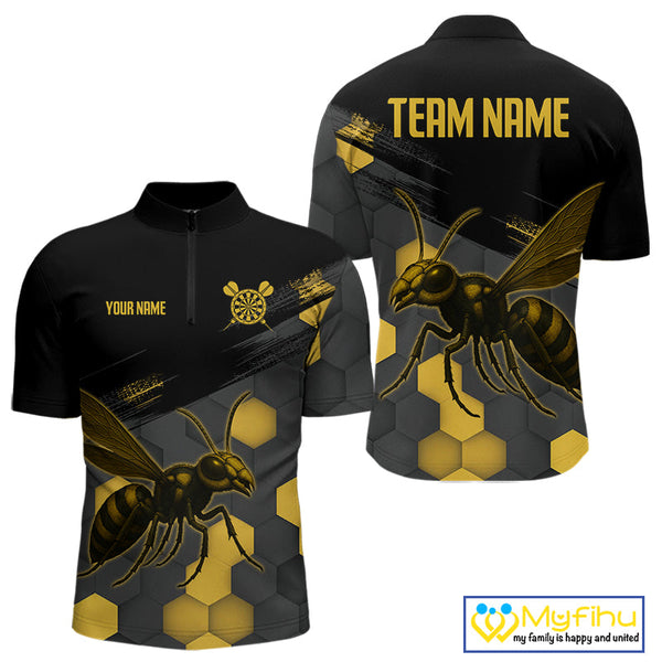Custom Black And Yellow Bee Dart Team Men Quarter-Zip Shirts, Honeycomb Dart Shirt NYN0275